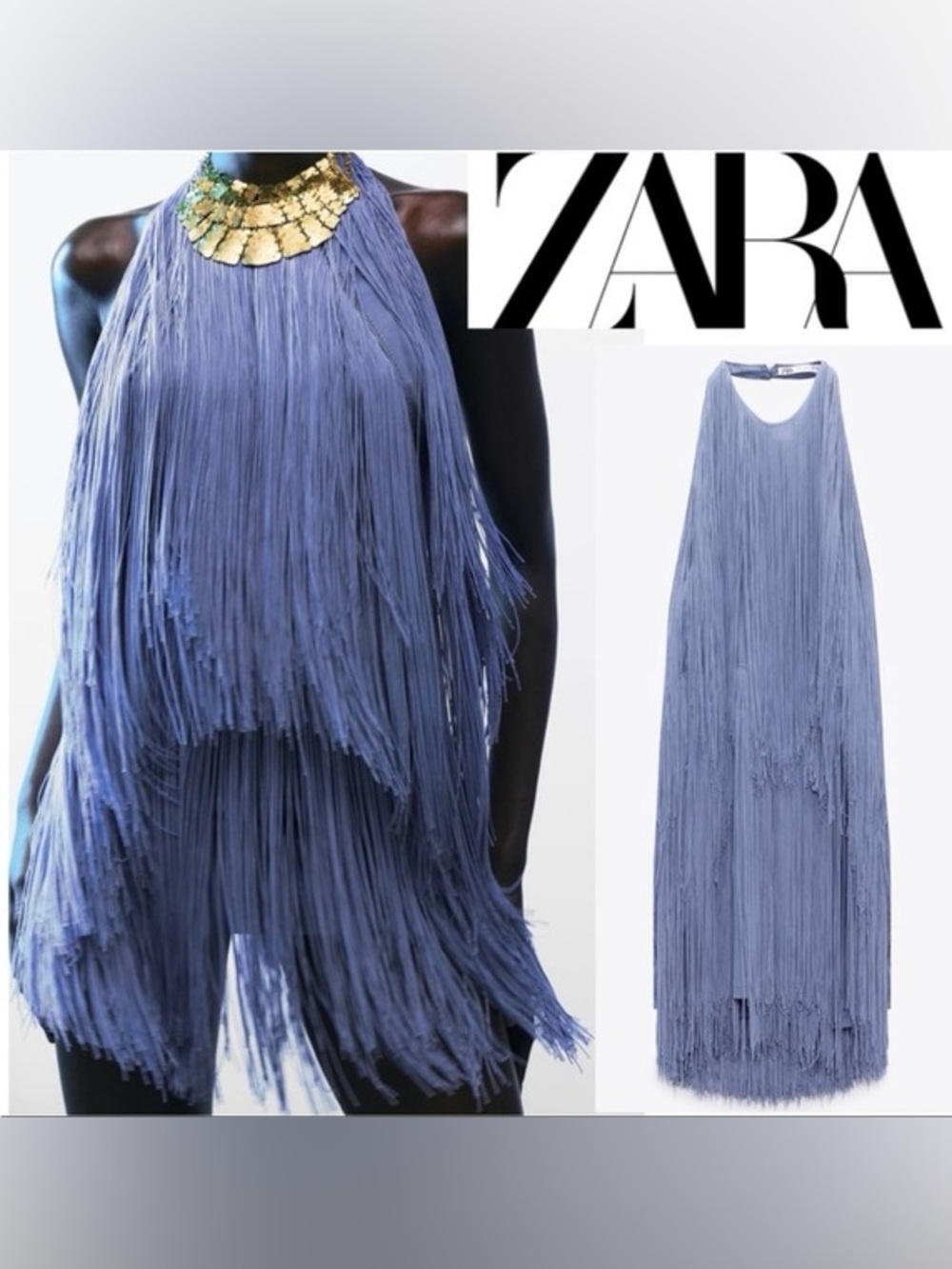 Rare Blogger Fave Zara Periwinkle Blue Fringe Halter Mini Dress Small - Picture 4 of 12